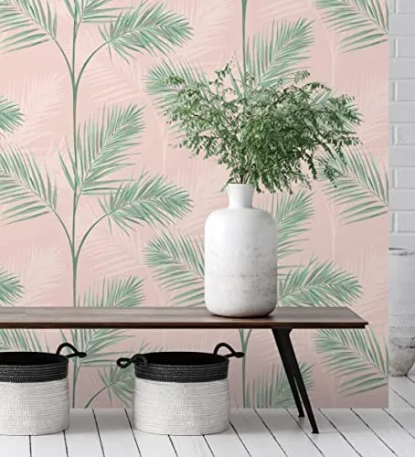GAULAN - 680913 Papier Peint lessivable Feuilles de Palmiers tropicaux Vert et Rose pâle pour Mur Salon Chambre Salle à Ma...