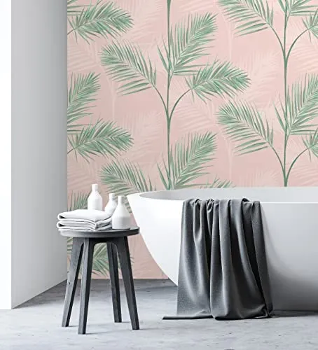 GAULAN - 680913 Papier Peint lessivable Feuilles de Palmiers tropicaux Vert et Rose pâle pour Mur Salon Chambre Salle à Ma...