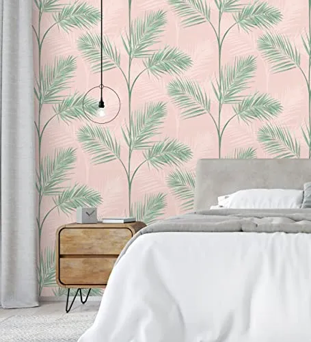 GAULAN - 680913 Papier Peint lessivable Feuilles de Palmiers tropicaux Vert et Rose pâle pour Mur Salon Chambre Salle à Ma...