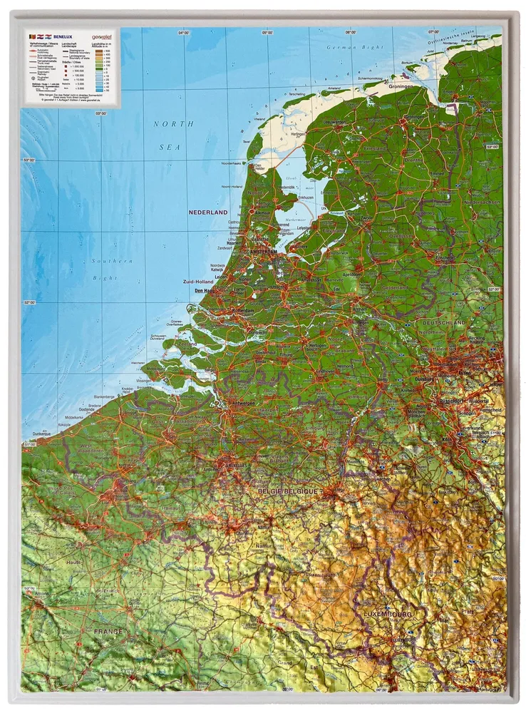 Carte murale en relief - Benelux (en anglais) - 39 x 29 cm | Georelief