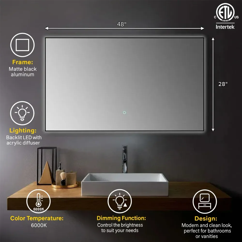 Miroir DEL 48po x 28po Noir Mat avec Antibuée et Gradation Golden Elite Deco