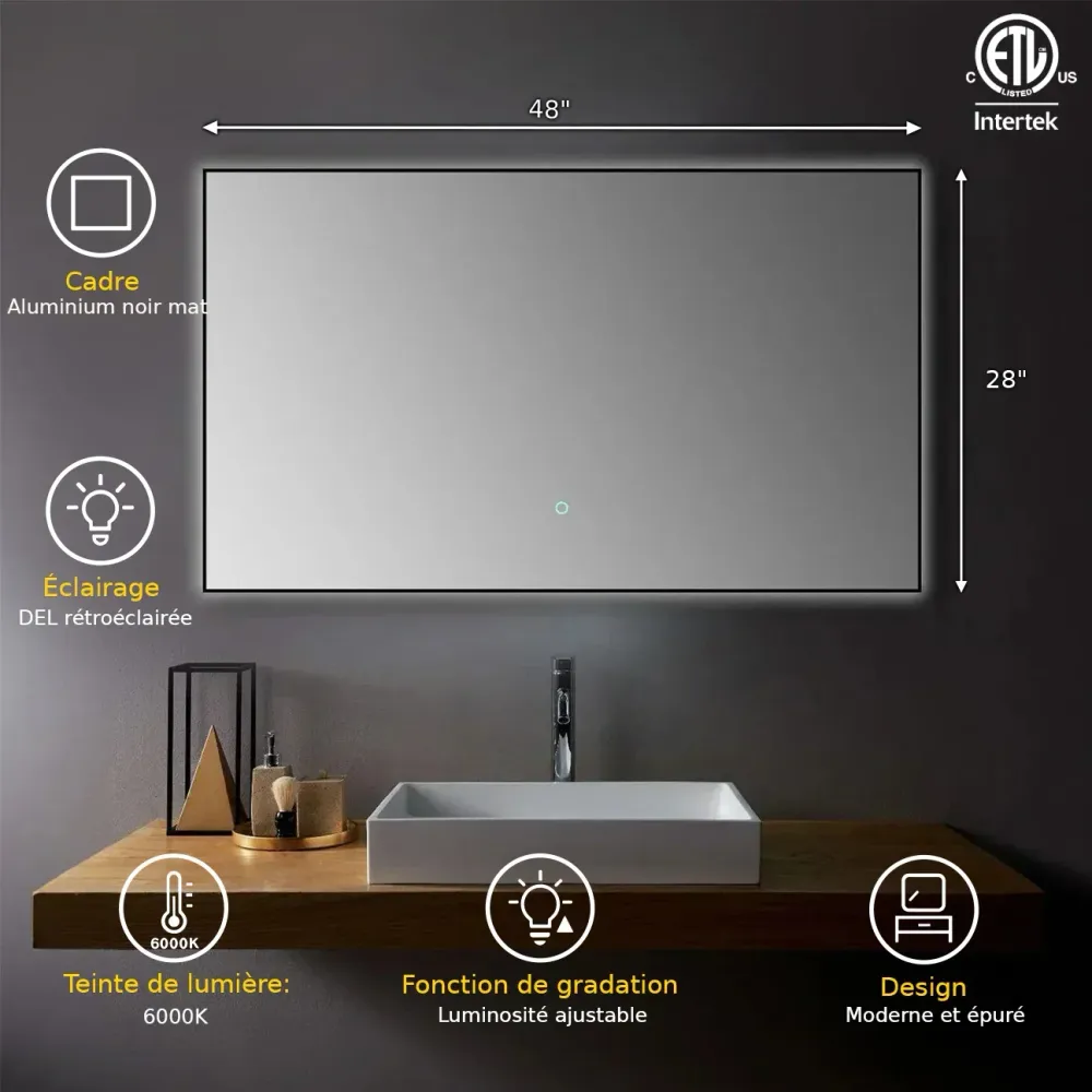 Miroir DEL 48po x 28po Noir Mat avec Antibuée et Gradation Golden Elite Deco