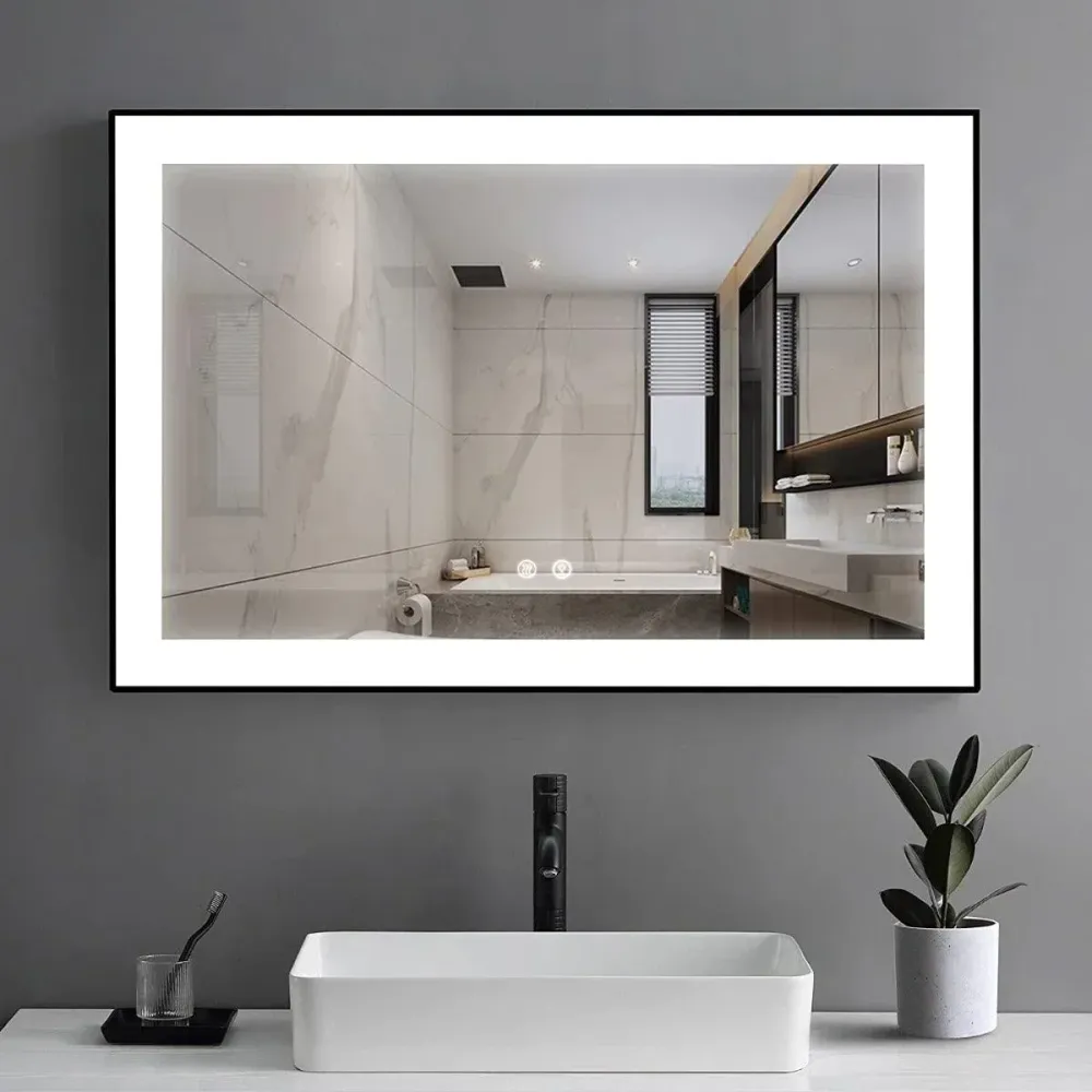 Miroir DEL 60po avec Cadre Aluminium Noir Mat et Bord Givré Golden Elite Deco