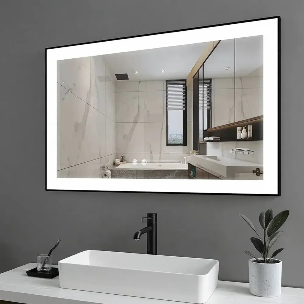 Miroir DEL 60po avec Cadre Aluminium Noir Mat et Bord Givré Golden Elite Deco