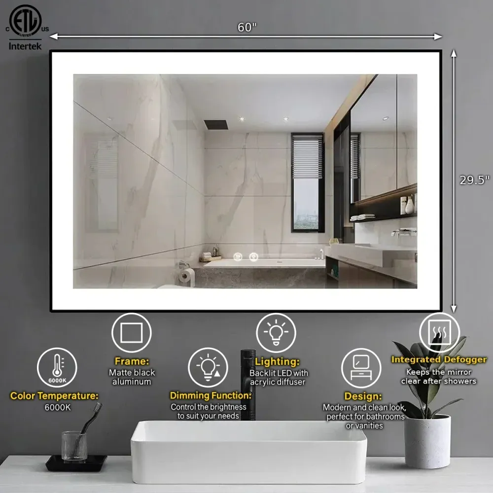 Miroir DEL 60po avec Cadre Aluminium Noir Mat et Bord Givré Golden Elite Deco