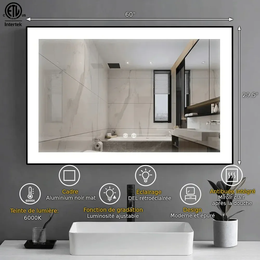 Miroir DEL 60po avec Cadre Aluminium Noir Mat et Bord Givré Golden Elite Deco