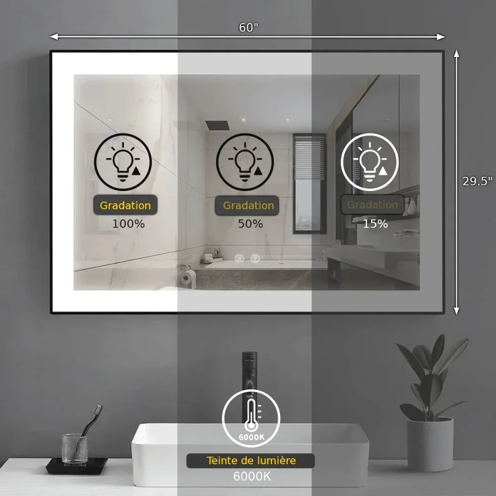 Miroir DEL 60po avec Cadre Aluminium Noir Mat et Bord Givré Golden Elite Deco