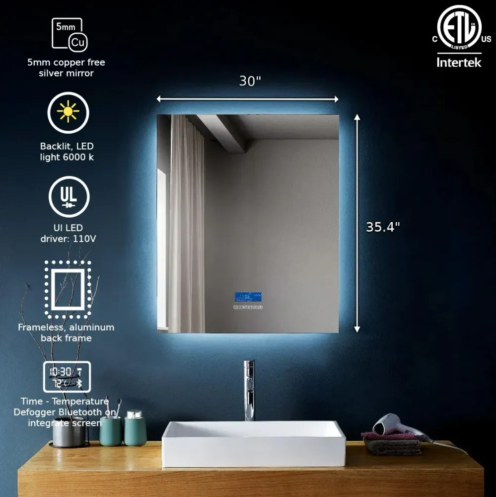 Miroir DEL Intelligent 30po x 35,4po avec Écran Tactile, Bluetooth et Anti-Buée Golden Elite Deco