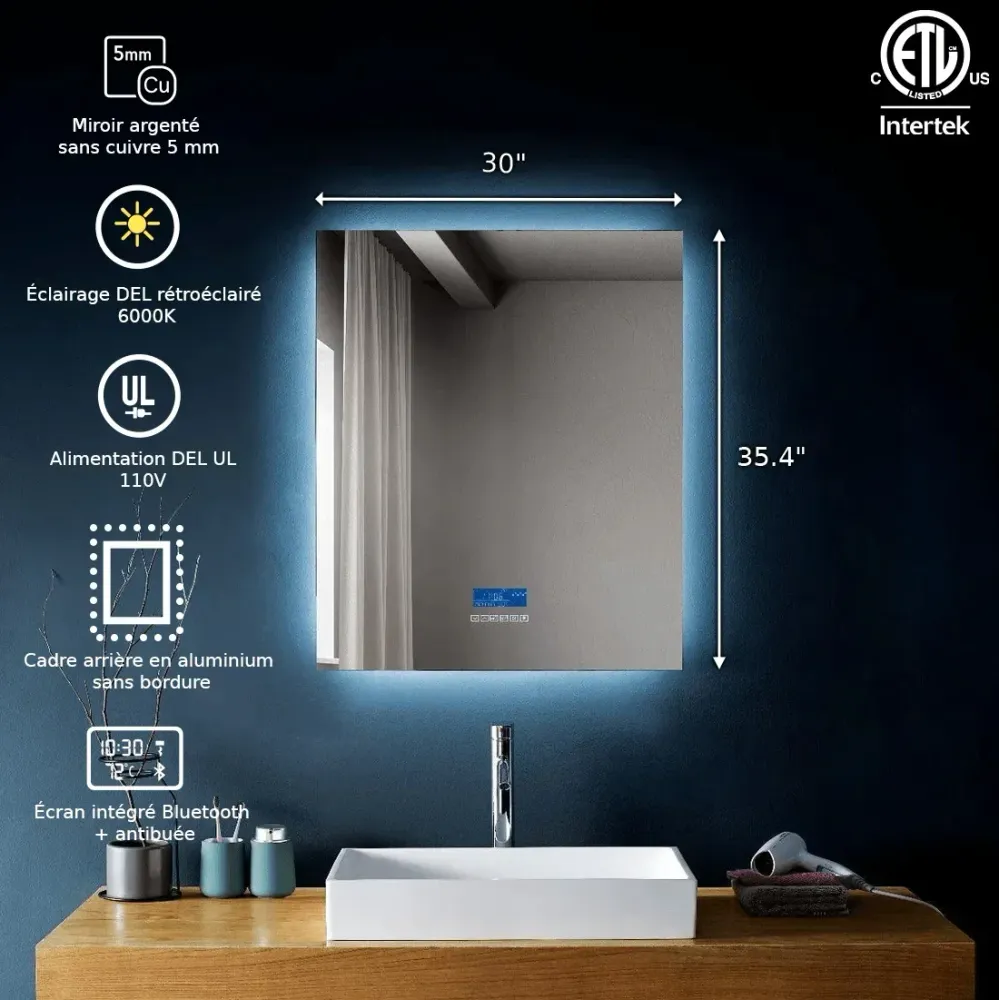 Miroir DEL Intelligent 30po x 35,4po avec Écran Tactile, Bluetooth et Anti-Buée Golden Elite Deco