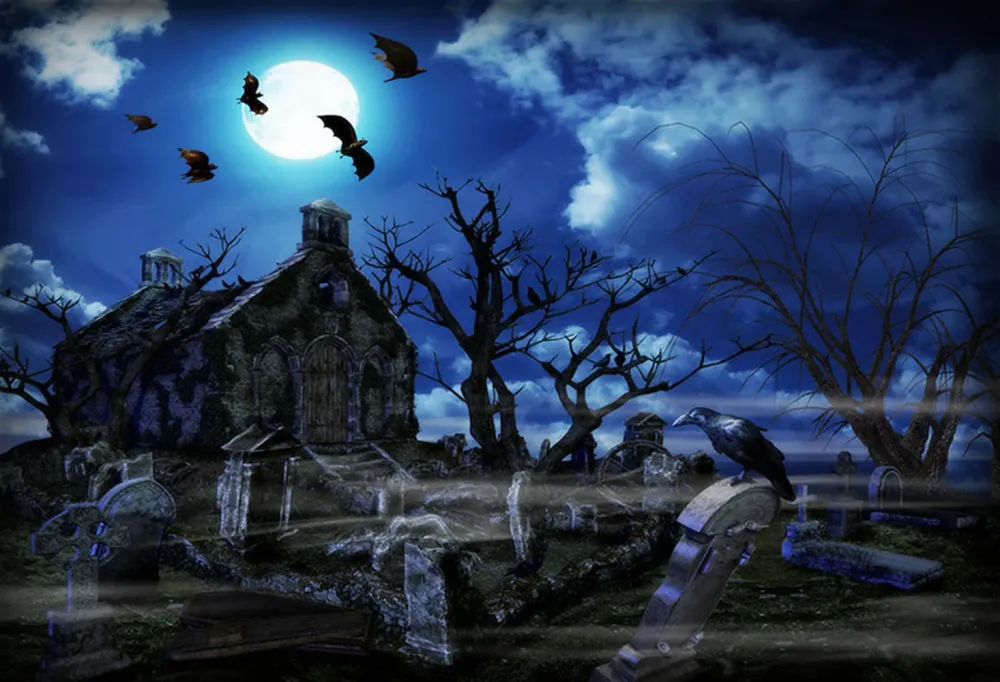 Halloween cimetière photo booth toile de fond nuit lune toile de fond pour photo photographie fond pierre tombale chauves-...