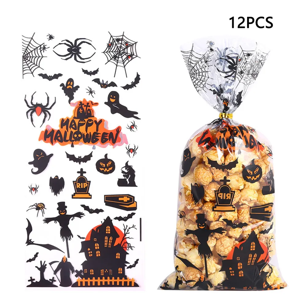 Halloween 12 pièces sac de collation transparent en toile d'araignée décorations de fête de vacances sac d'emballage en pl...