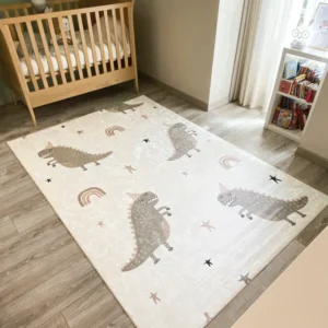 HAPPY - Tapis chambre enfant blanc à motifs dinosaures vert - HAP741VER