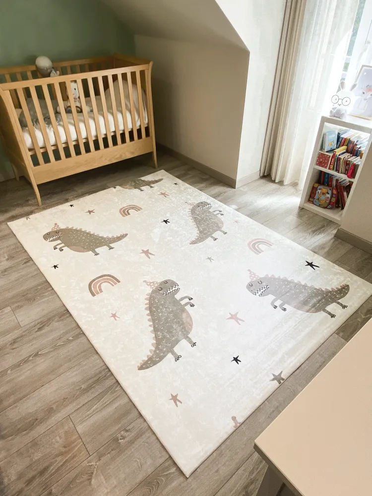 HAPPY - Tapis chambre enfant blanc à motifs dinosaures vert - HAP741VER