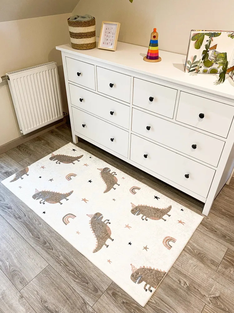 HAPPY - Tapis chambre enfant blanc à motifs dinosaures vert - HAP741VER