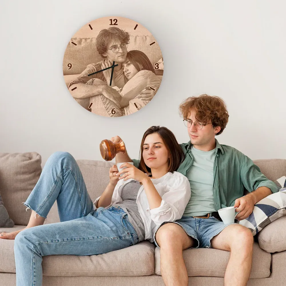 Horloge murale en bois - photo personnelle, ronde 50 cm