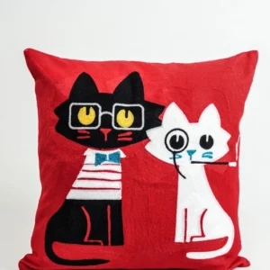 Housse de coussin coton 2 chats assis 45x45 cm