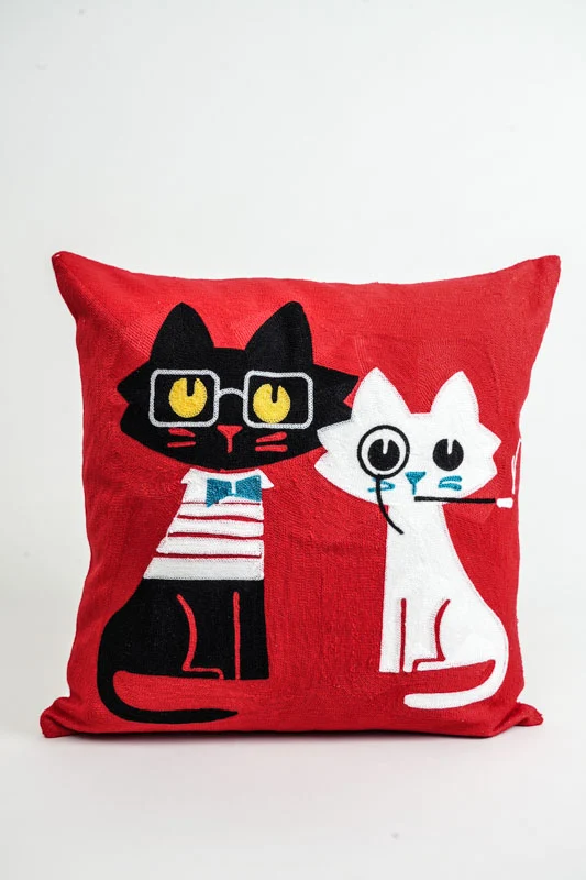 Housse de coussin coton 2 chats assis 45x45 cm