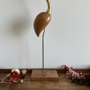 Héron en bois et laiton sur socle en bois