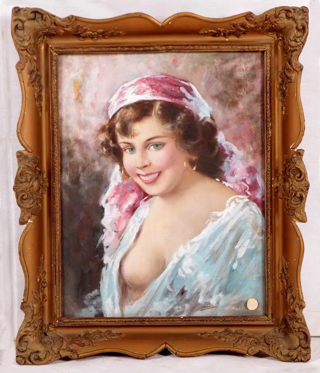 Huile sur toile ancienne des années 1800 représentant une jeune femme