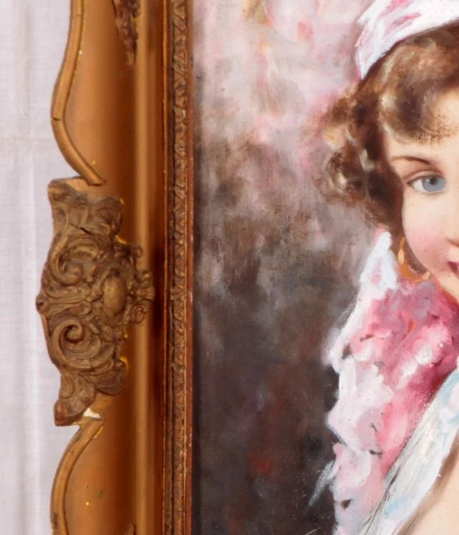 Huile sur toile ancienne des années 1800 représentant une jeune femme