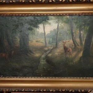 Huile sur toile ancienne êt avec cerf près d'une rivière 1800