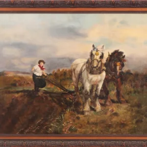 Huile sur toile anglaise antique représentant un paysage rural avec des animaux
