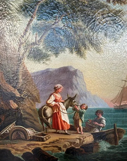 Huile sur toile française du 1800 représentant une scène de la vie familiale