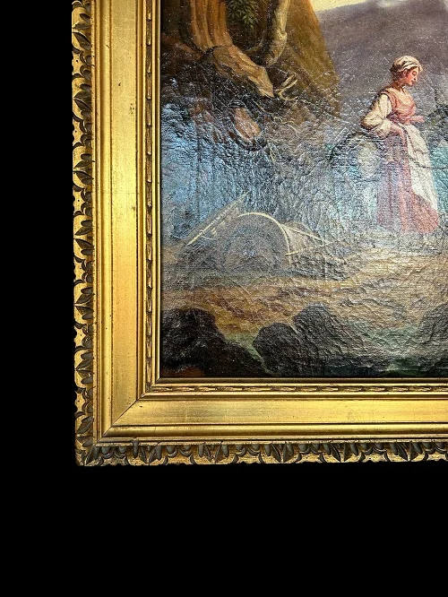 Huile sur toile française du 1800 représentant une scène de la vie familiale