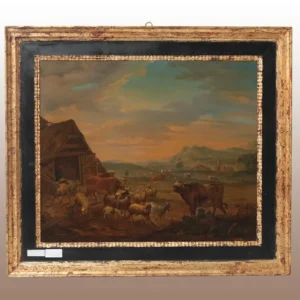 Huile sur toile hollandaise 1700 représentant des animaux au pâturage