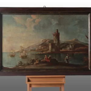 Huile sur toile italienne ancienne de 1700 représentant paysage marin