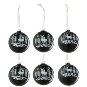 J-Line Doos met 6 kerstballen 2+2+2 rendieren glas zwart/wit