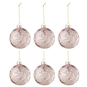 J-Line Doos Van 6 Kerstbal Motief Roos Pailletten Glas Licht Roze Small