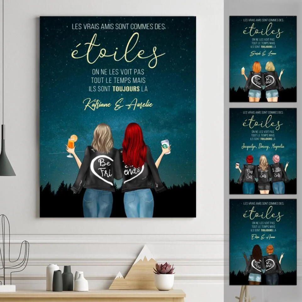 Jusqu'à 3 amis, Toile personnalisée, cadeau pour les meilleurs amis, Les vrais amis sont commes des étoiles
