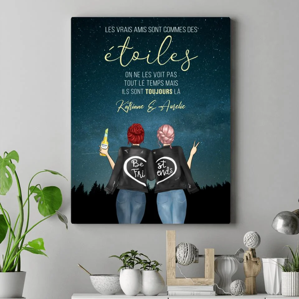 Jusqu'à 3 amis, Toile personnalisée, cadeau pour les meilleurs amis, Les vrais amis sont commes des étoiles