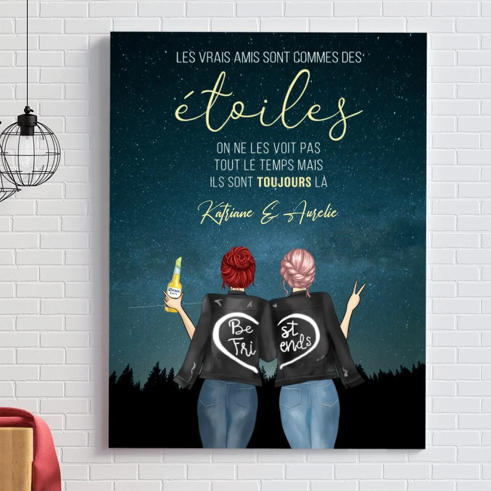 Jusqu'à 3 amis, Toile personnalisée, cadeau pour les meilleurs amis, Les vrais amis sont commes des étoiles