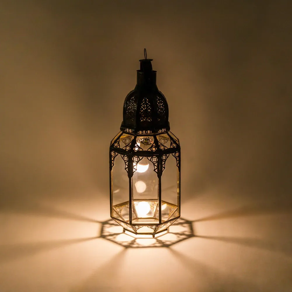 Lanterne marocaine en verre et fer forgé octogonale