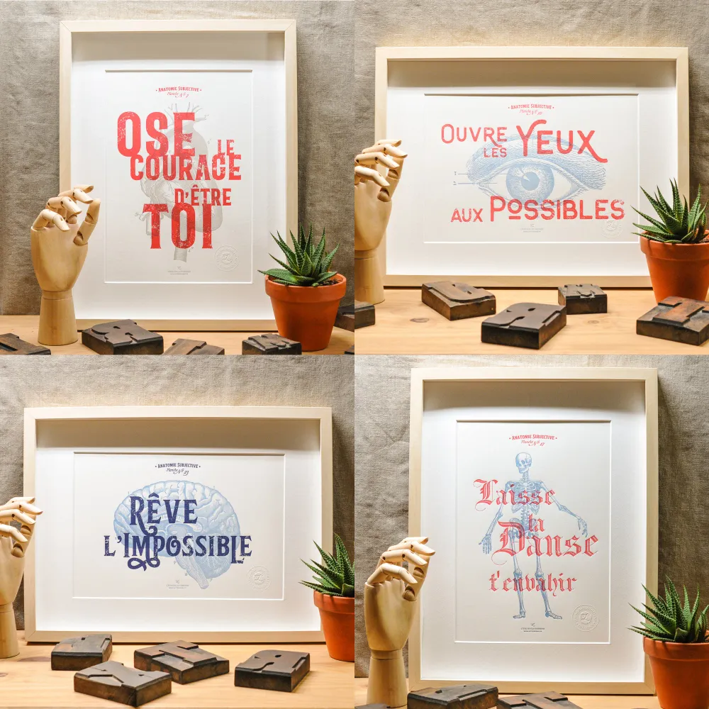 4 affiches A4 Letterpress Anatomie Subjective L'Atelier Letterpress