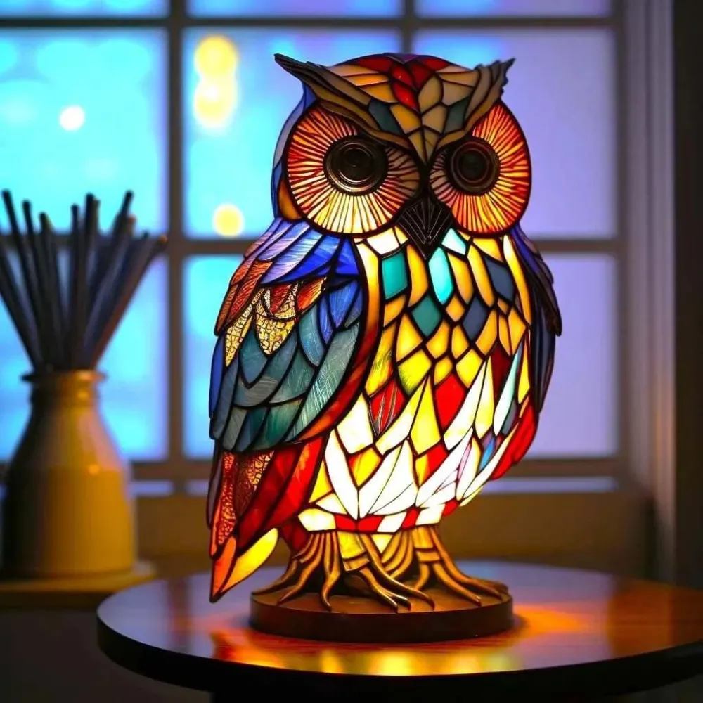 LumiVerre - Décoration Colorée en Vitrail pour Maison Hibou