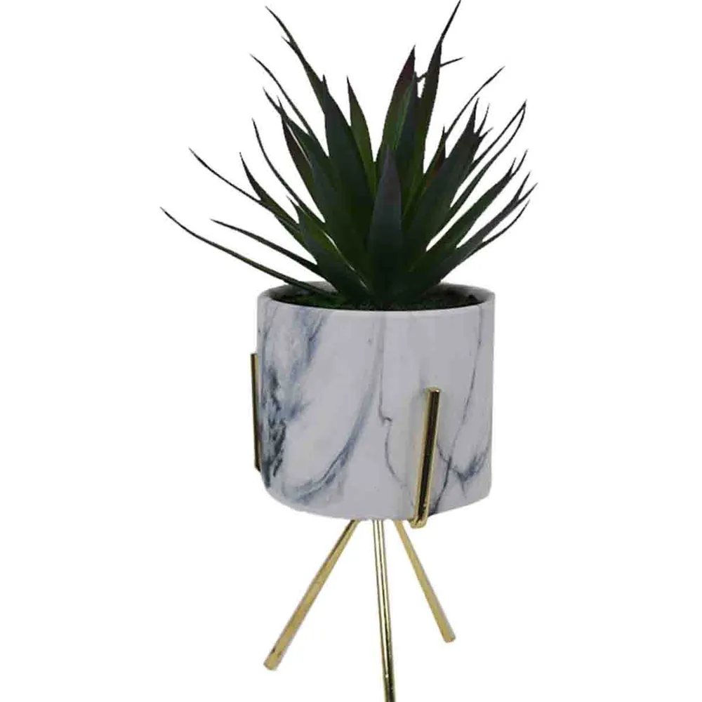 Plante Succulente Artificielle en Marbre Blanc Pot en Céramique avec Support en Métal doré Magasins Hart | Hart Stores
