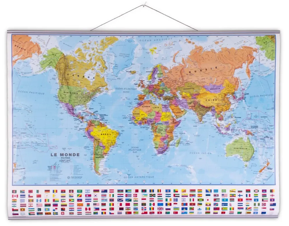 Carte murale plastifiée - Monde politique, avec lattes métalliques de maintien - 1/40 M (103 x 74 cm) | Maps International