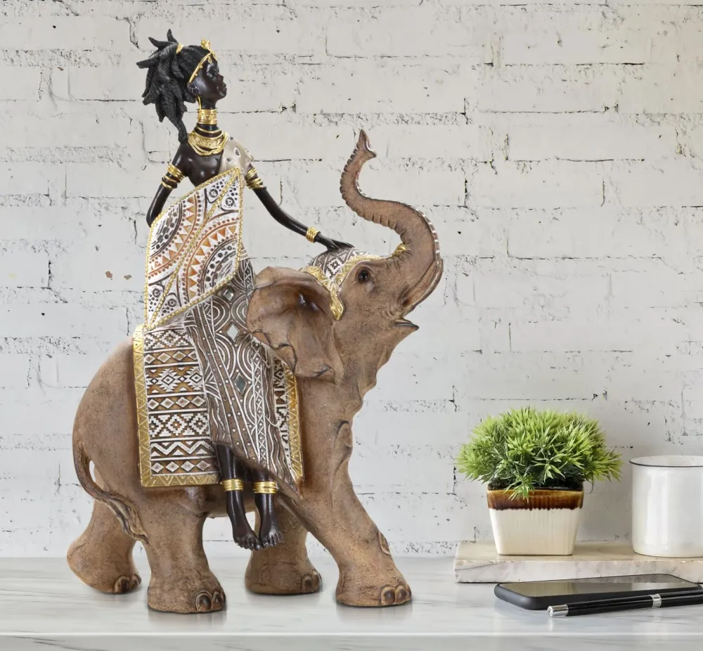 Femme autochtone assise sur un éléphant – Sculpture artistique culturelle Mauro Ferretti