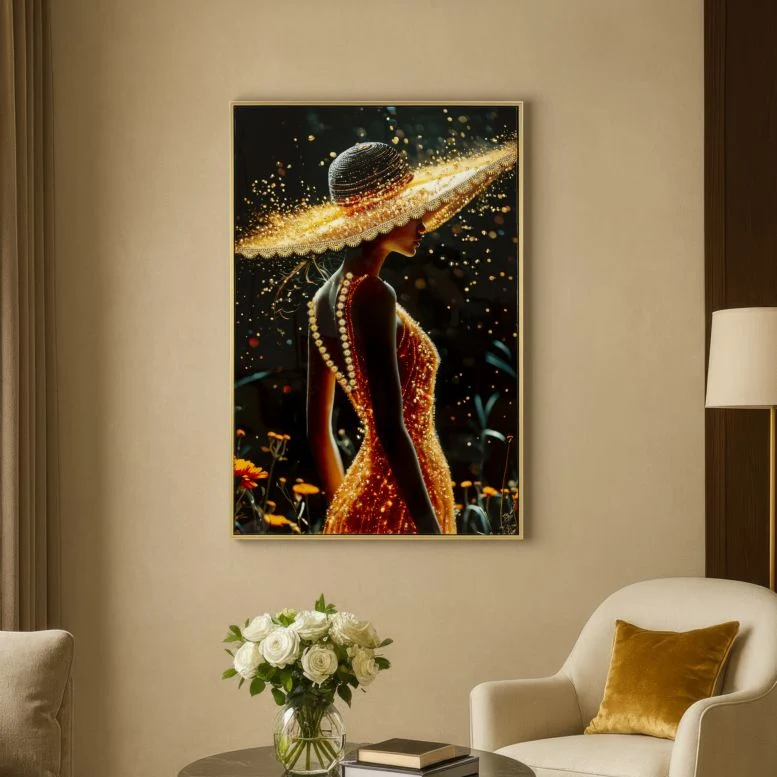Reproduction d'une œuvre de Mauro Ferretti sur toile illuminée laquée, encadrée de bois de sapin