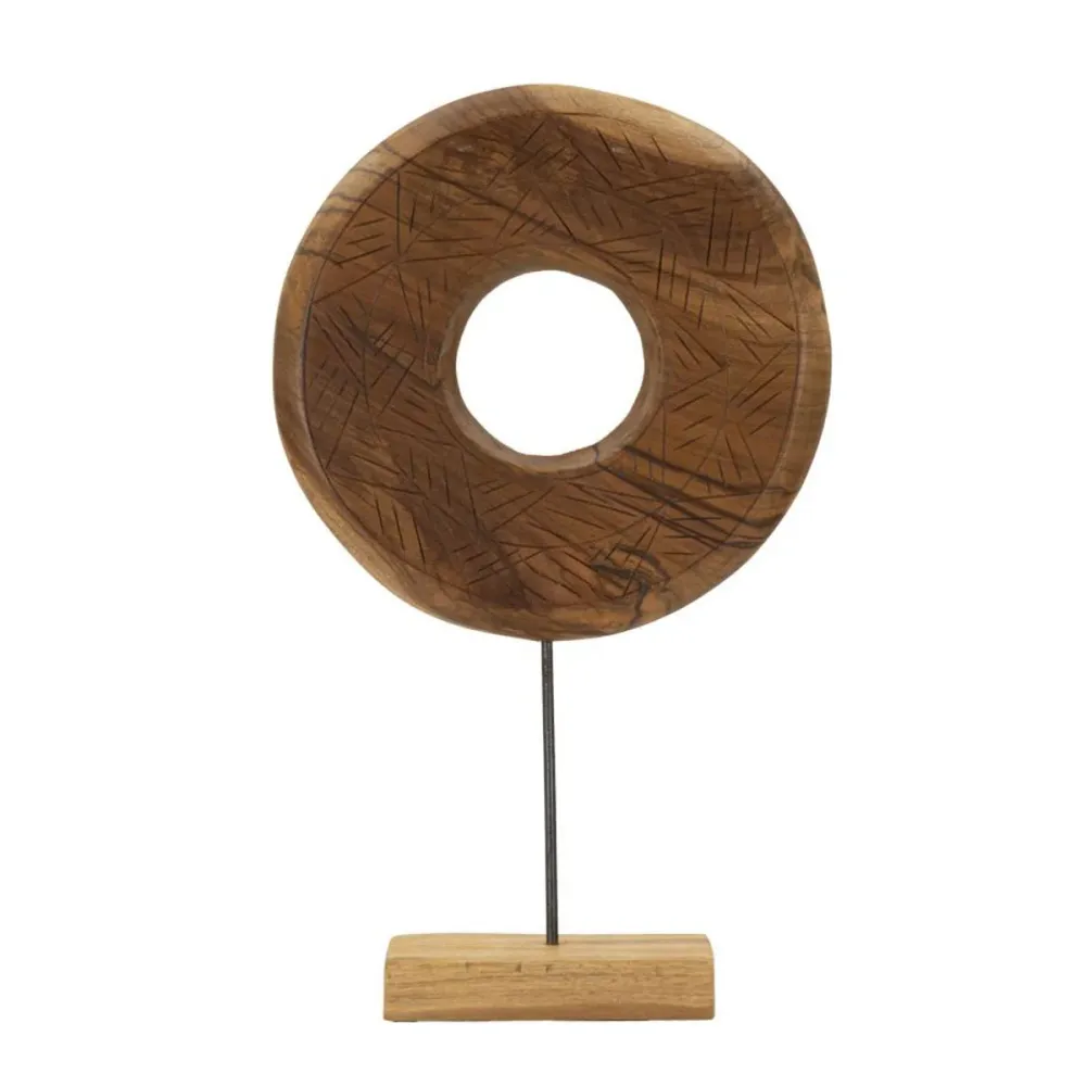 Sculpture ronde en teck ornée de motifs irréguliers incrustés Mauro Ferretti