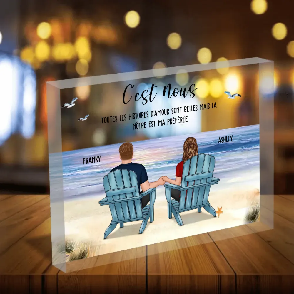 Bloc Acrylique personnalisée, Saint-Valentin Cadeau couple, Couple assis sur la plage 10 merchOne