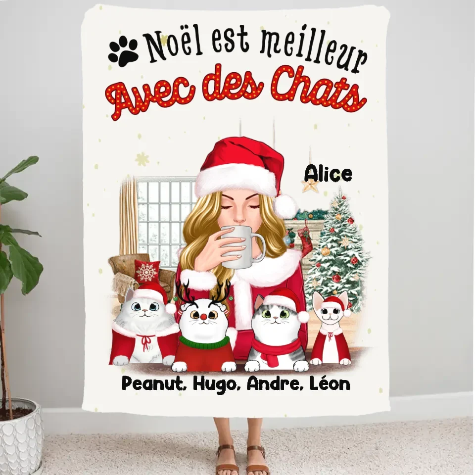 Couverture personnalisée, Plaid en polaire noël cadeau pour maman chat, noël est meilleur avec des chats merchOne