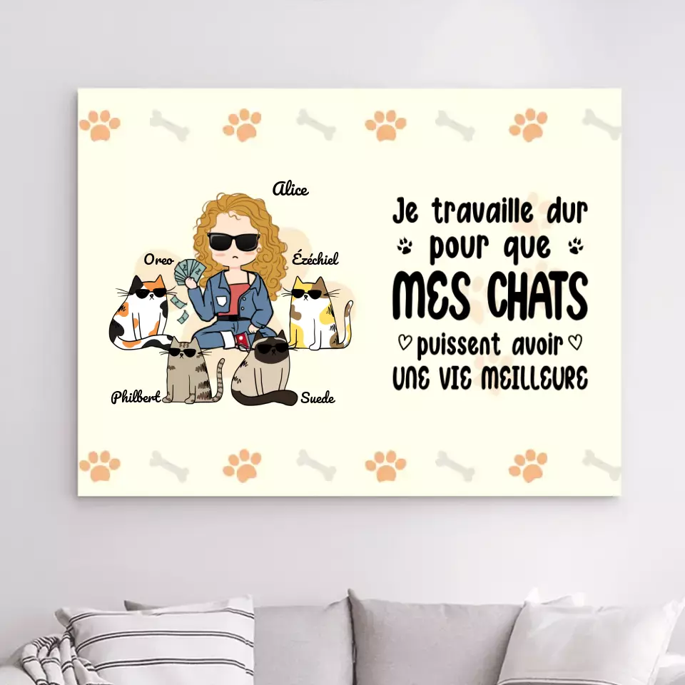 Impressions sur métal personnalisée, cadeau pour Maman Chat, Jusqu'à 4 Chats, Je Travaille dur pour Que Mes Chats 20x15 me...