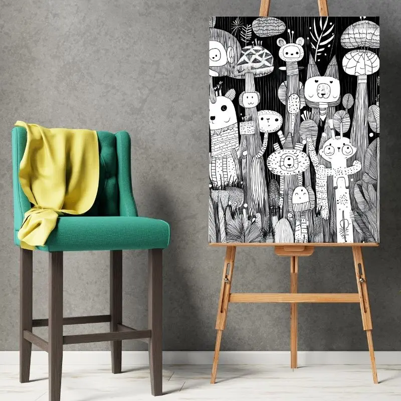 Tableau Dessin Enfant Noir et Blanc Art Naïf merchOne
