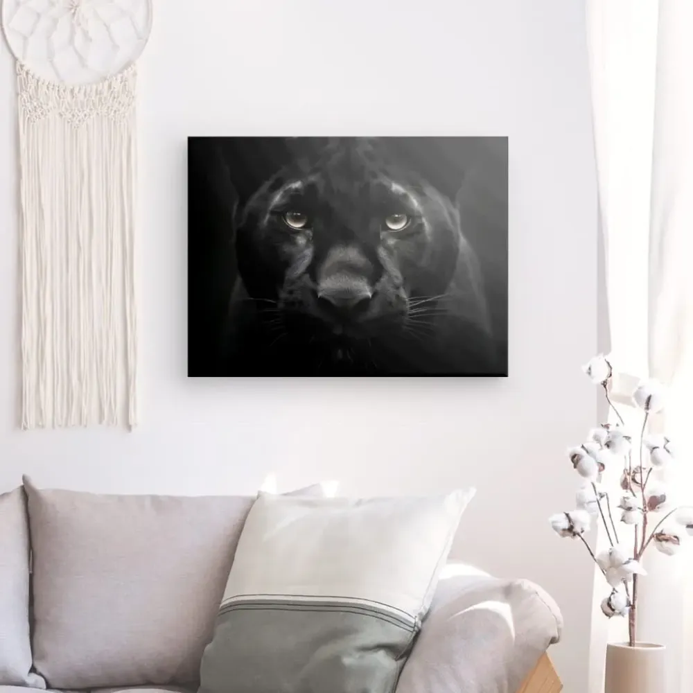 Tableau Panthère Noire Regard Percant Portrait Animal Sauvage Noir et Blanc merchOne