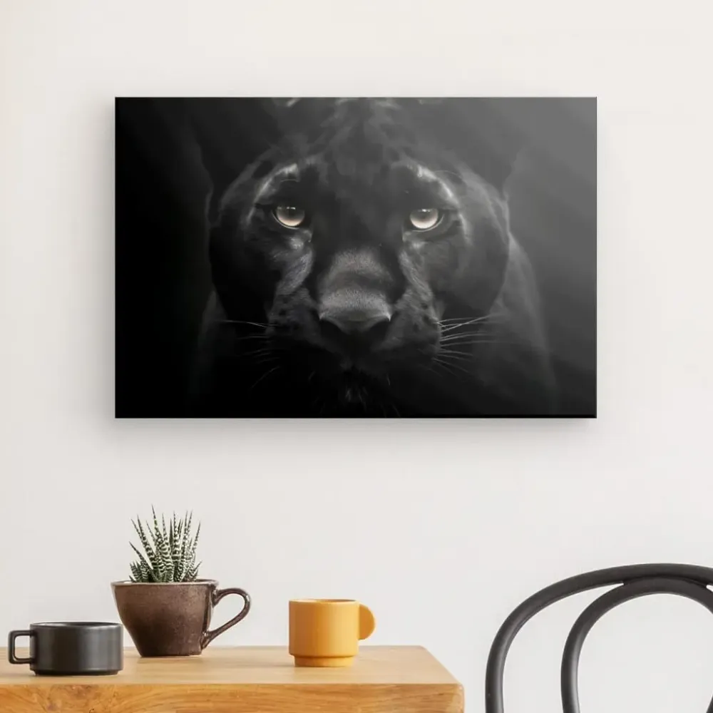 Tableau Panthère Noire Regard Percant Portrait Animal Sauvage Noir et Blanc merchOne