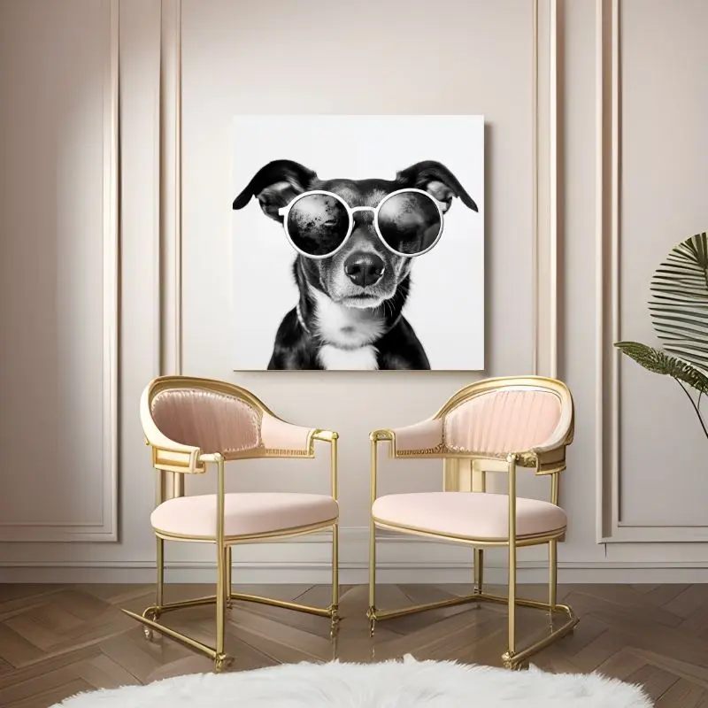 Tableau Petit Chien Lunettes Rondes Noir et Blanc merchOne